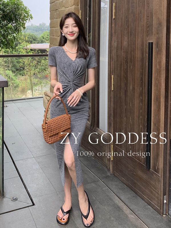 [ZY] lazy wind kink split V-neck dress 68323# ozq