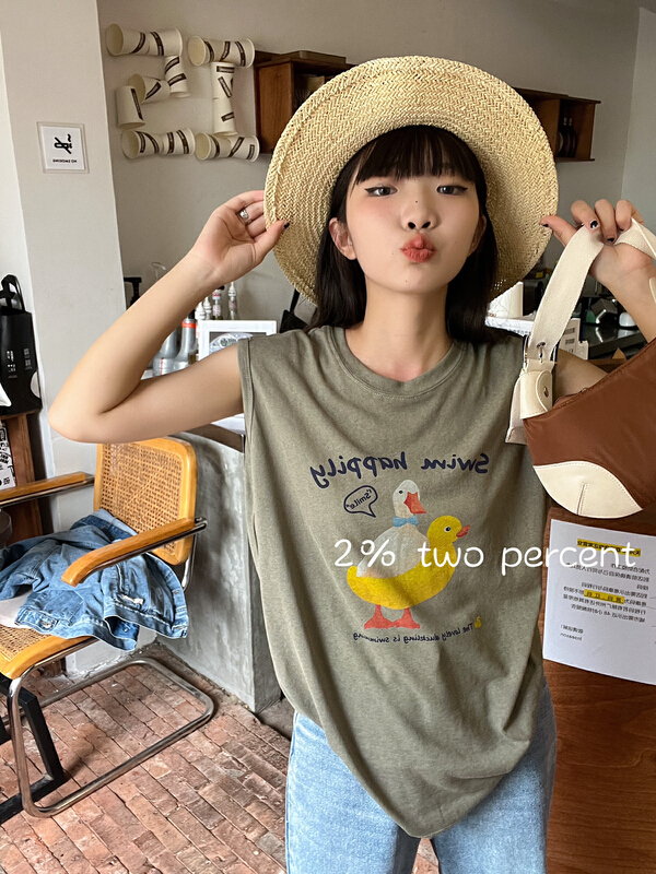 [two percent] Linen Vest up to duck short sleeve T-shirt 9951# LSL