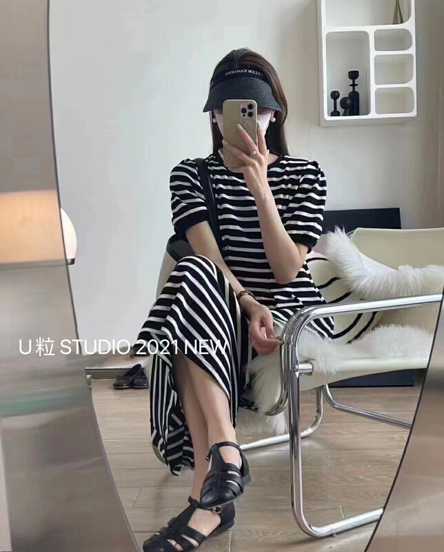 goods in stock! New in early summer! [U grain] crew neck stripe waist dress 5513# HBx