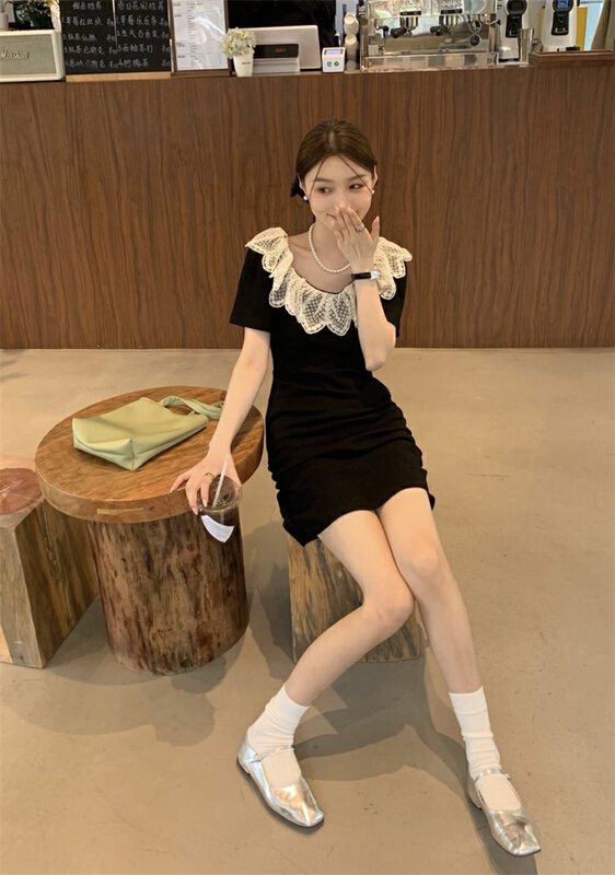 [yes] Hepburn stitched lace neck slim fitting dress 5051# ozq