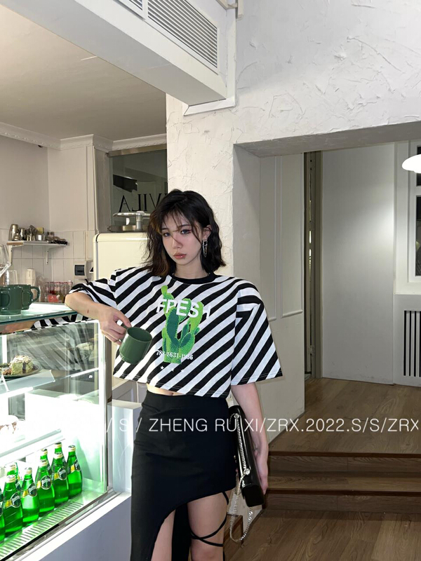 [zhengruxi] shoulder pad stripe printed short sleeve T-shirt 11659# WTT