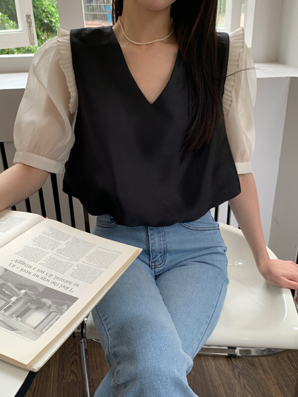 [new open] Korean slim fitting French short sleeve splicing contrast shirt sy22771# zxl