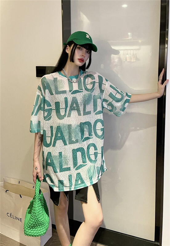 [3 + 2] Korean fashion letter nail bead design, loose medium and long short sleeve T-shirt 3230# WPL