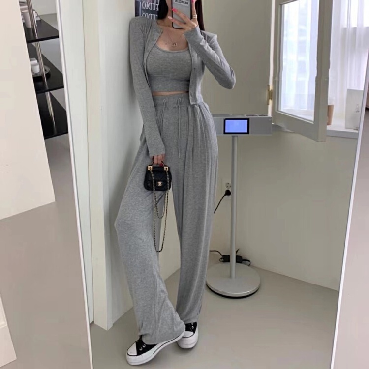 [wut / N Cola] versatile Vest + comfortable elastic waist casual pants + simple knitted cardigan set ys1-8923# LSL