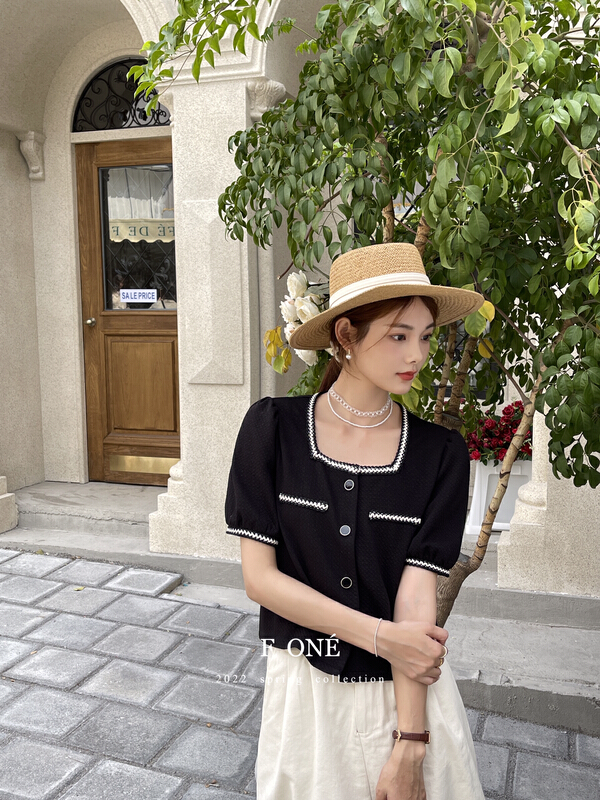 goods in stock! New in early summer! [f one] square neck bubble sleeve small fragrance short coat 66055# WPL