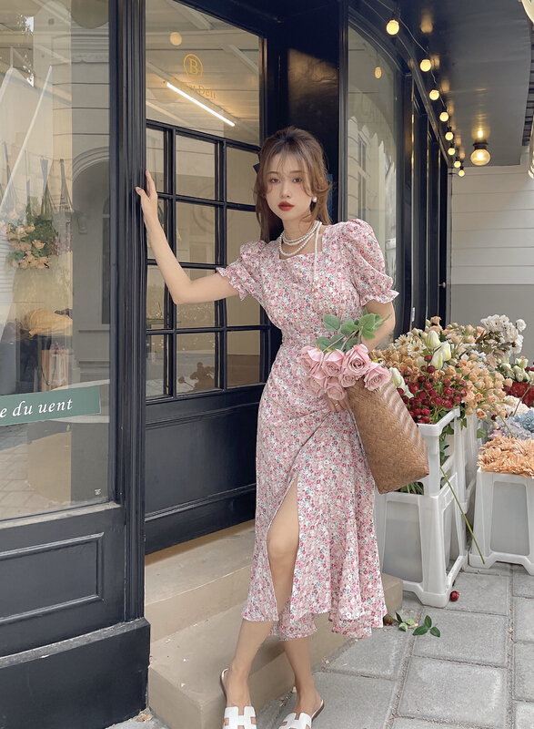 New in early summer! [J2. J1wg] Korean style square neck split floral dress 22021-2# cqw