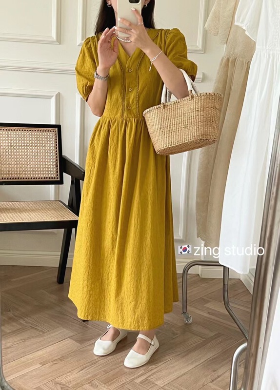 [zingstyle] V-neck pleated lady lace up dress w1506# HBx