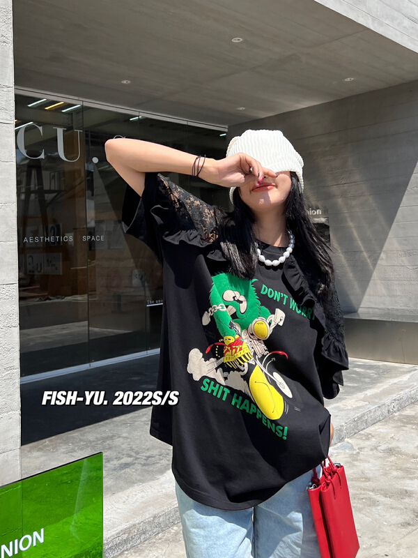 New in early summer! [fish Yu] lace splicing raglan sleeve lace doll short sleeve T-shirt 22098# LSL