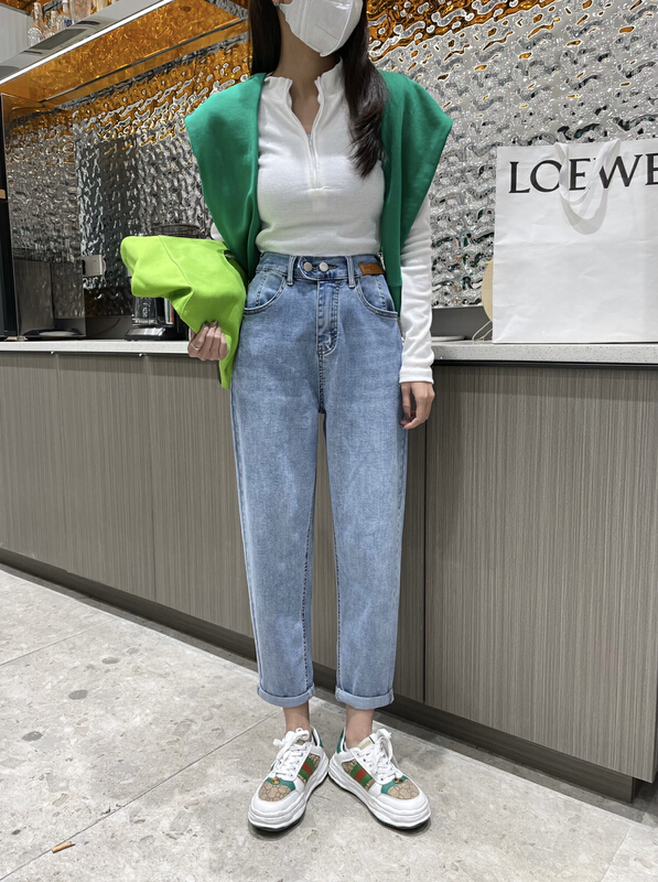 New year in early spring! [en Xi'er] Korean version two button elastic waist versatile slim Harlan jeans k6600# L