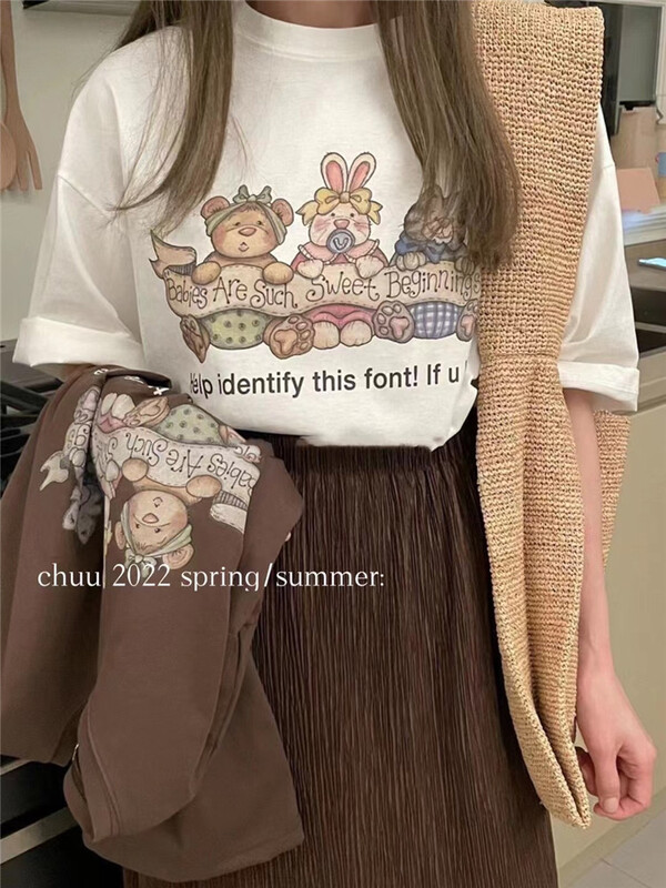 [chuu] Cartoon Bear print loose short sleeve T-shirt 61190# HBx