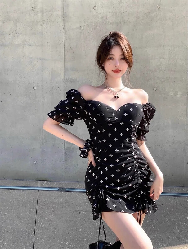 [Linna] French style square neck bubble sleeve dress 124602# zxx