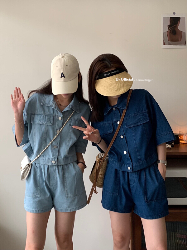 [B plus] casual lazy short sleeved denim shirt + high waist versatile Shorts Set 22-9294-2# HBx