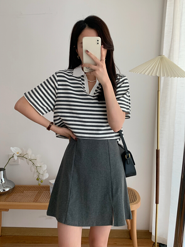 New in early summer! [victory. 2] stripe fashion short sleeve T-shirt + sexy slim suspender dress set b133# WPL