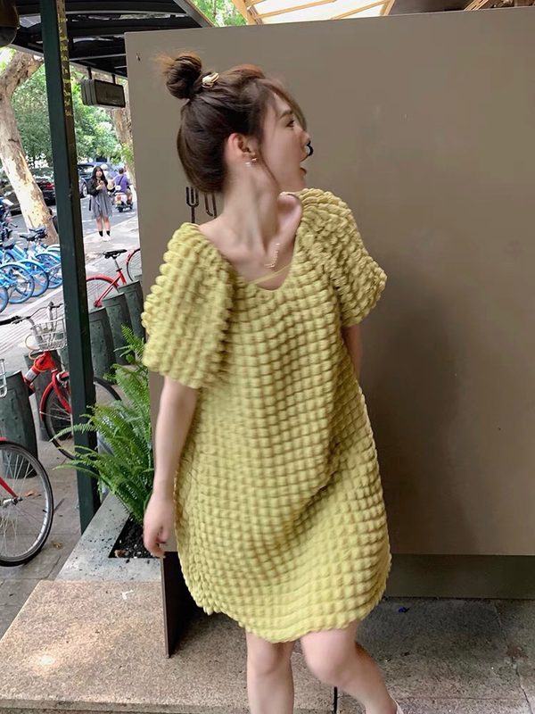 [kakajia] waffle French niche three-dimensional bubble Check Dress 2001# ozq