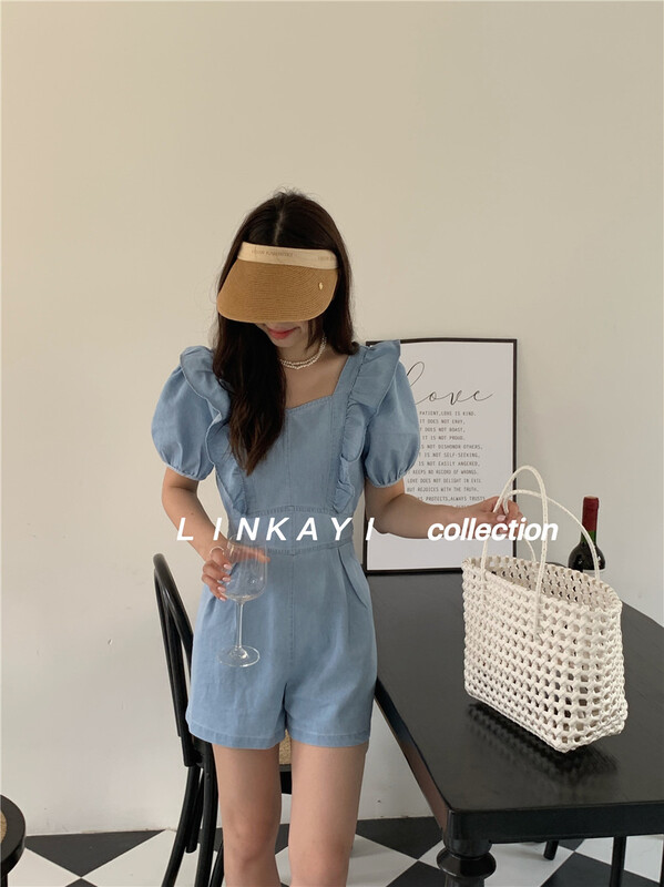 New in early summer! [linkayi] Korean version sweet denim Ruffle Jumpsuit 22259# hjy