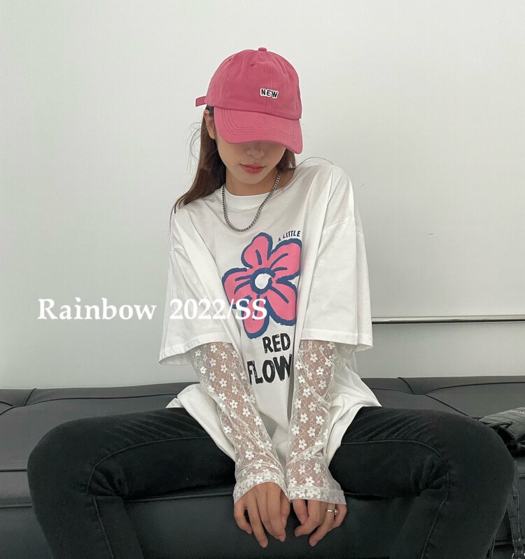 [rainbow] small safflower foaming process fake two lace long sleeve T-shirt 11818# WTT