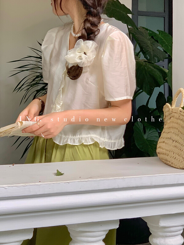 [ing] French sweet fungus edged V-neck bubble sleeve blouse ing-7799# HBx