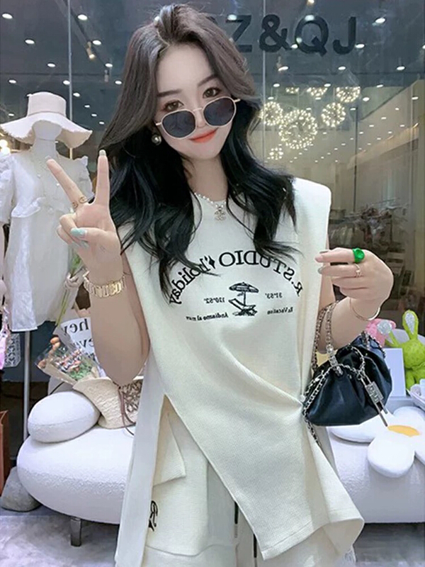 [jun.t] design sense casual Top + Fashion splicing Shorts Set 5987# PCZ