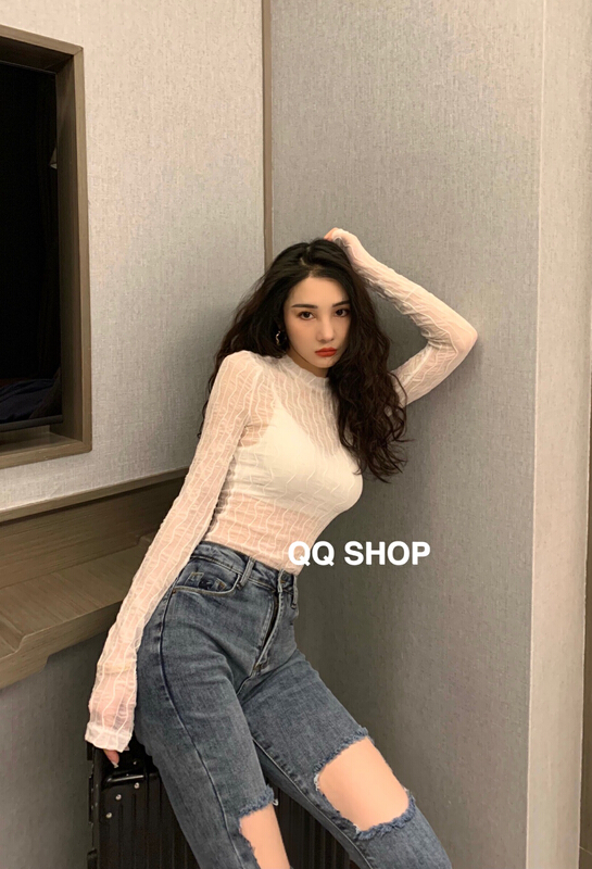 New year in early spring! [QQ shop] European and American perspective sexy elastic round neck long sleeve T-shirt 11013# ozq