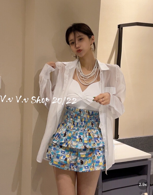 [v.v] Korean loose sunscreen shirt + solid color suspender vest two-piece suit (excluding skirt) 7258# cqw
