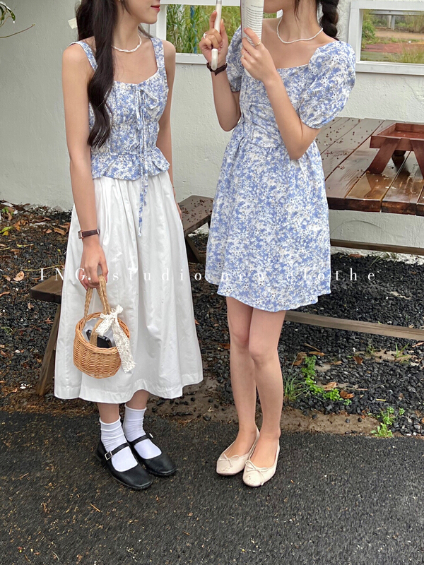 [ing] sweet temperament square neck bubble sleeve short dress 7769# HBx