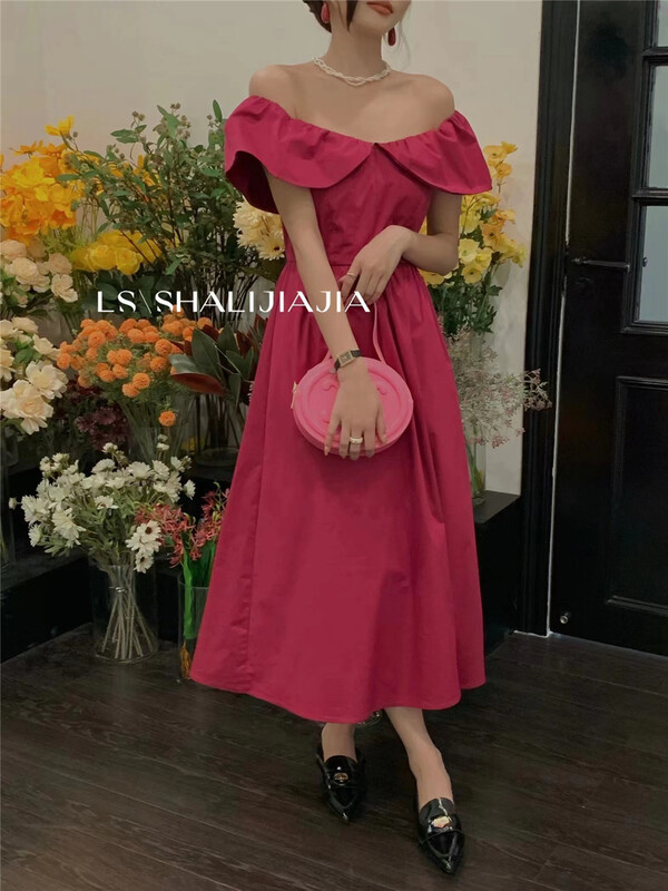 [LS] French style fashion one-line shoulder lotus leaf waist closing dress 8362# WPL