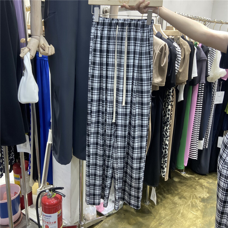 [leaf] drawstring Plaid comfortable casual pants 8857# L