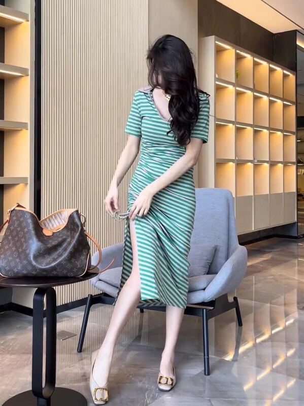[I-D] Korean style drawstring stripe dress ys8105# ll