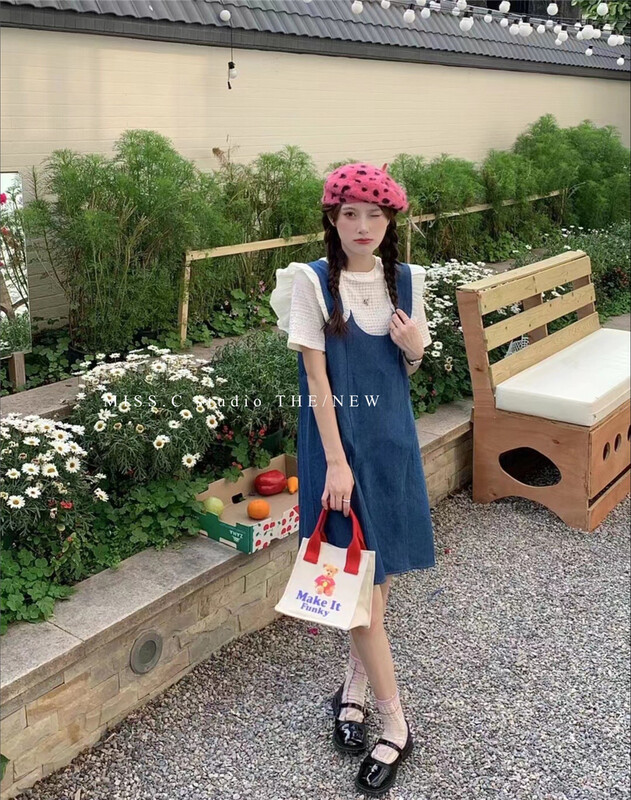 New in early summer! [miss. C studio] round neck soft wind blouse + ear edge denim strap skirt set 6048# zxx