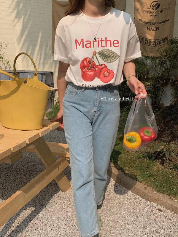 [love] Cherry print versatile Casual Short Sleeve T-shirt z0819# HBx