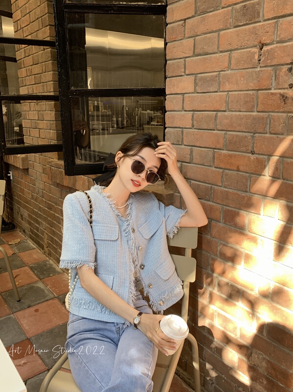 [retain] xiaoxiangfeng single breasted burr design short sleeve short coat 226049# WPL