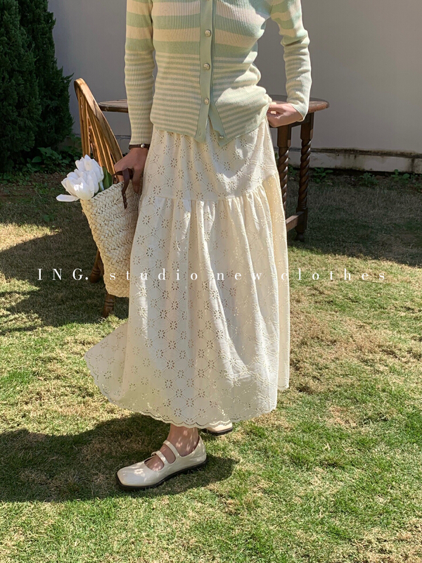 goods in stock! New year in early spring! [ing] Vintage temperament elastic waist lace stitched hollow skirt 7559# ZSY