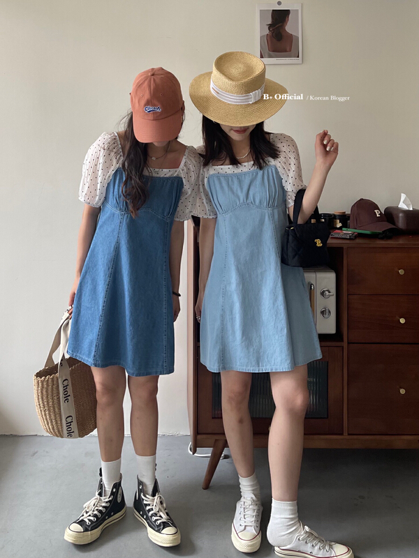 goods in stock! New in early summer! [B plus] aging fresh denim stitched dress 22-9235-2# HBx