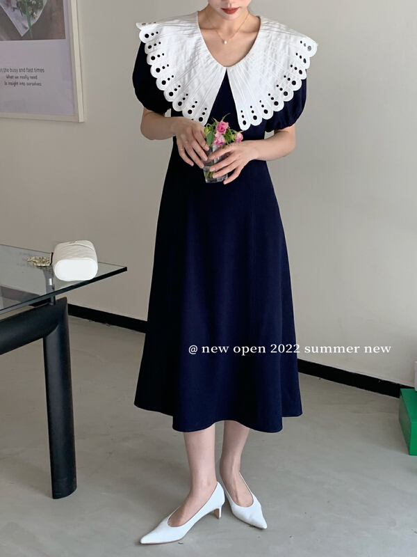 [new open] Korean style large lapel contrast color bubble sleeve waist closing dress hl22779# zxl