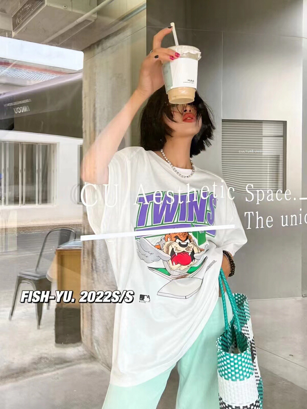[fish Yu] cartoon dog flocking foam printed short sleeve T-shirt 22136# LSL