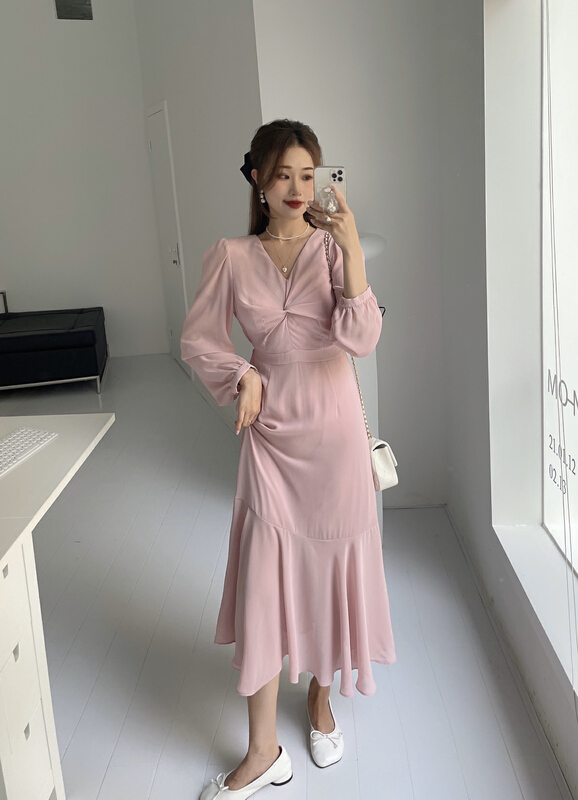 goods in stock! New year in early spring! [J2. J1wg] Korean solid color waist fishtail dress 22028-1# cqw