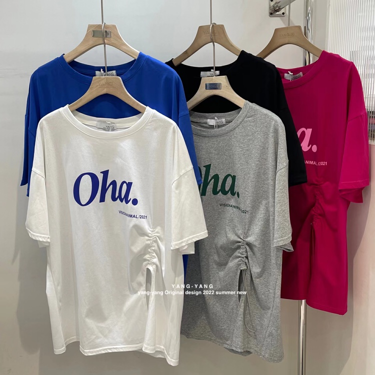 [Yang-Yang] Korean style personalized pleated split letter short sleeve T-shirt c6178# CLS
