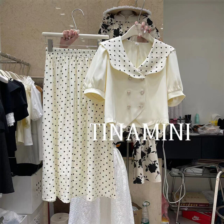 goods in stock! New in early summer! [Tina Mini] large lapel double breasted blouse + simple wave dot print skirt set m6701# hjy