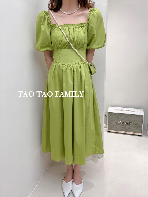 goods in stock! New in early summer! [Taotao family] simple temperament square neck short sleeved dress (with bag) 3607# lwy