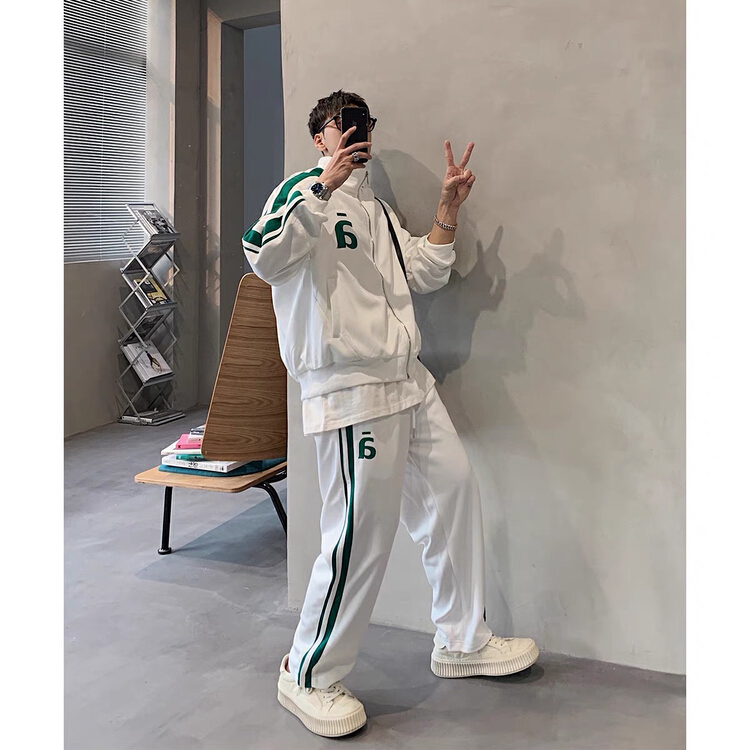[MF] zipper versatile jacket + drawstring elastic waist casual pants two piece suit 6157-1# ZZL