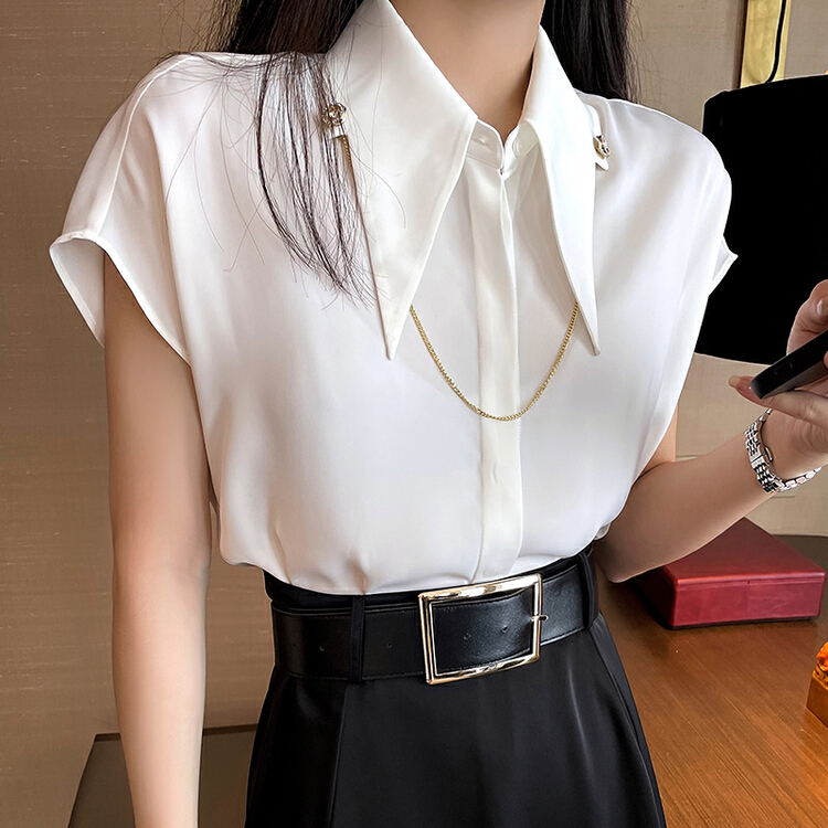 [Hanna Hanna] temperament commuter Lapel chain decorative shirt (with chain) m10090# XJ