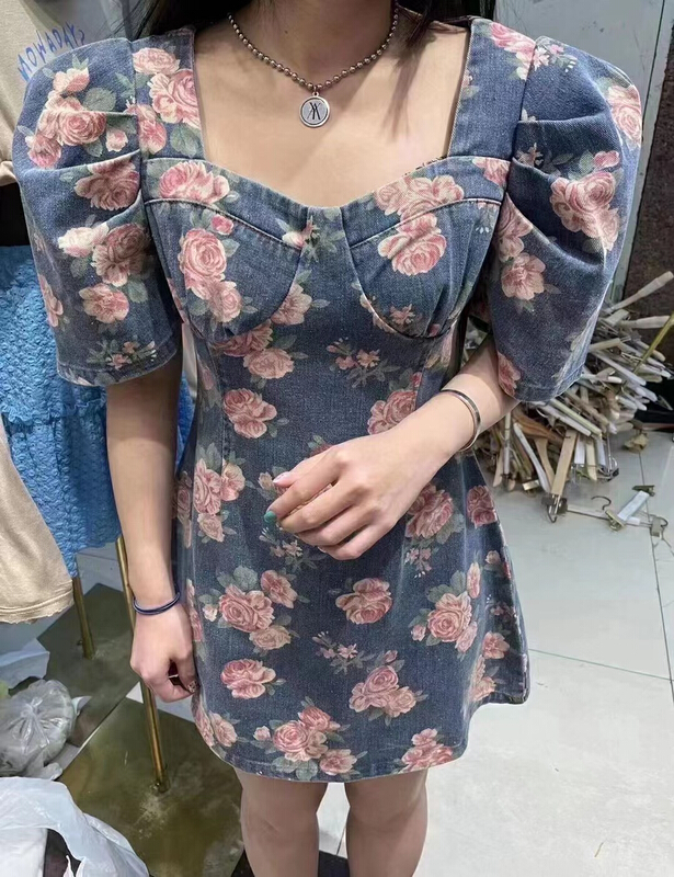 [keen k] Korean rose print denim dress l53# WTT