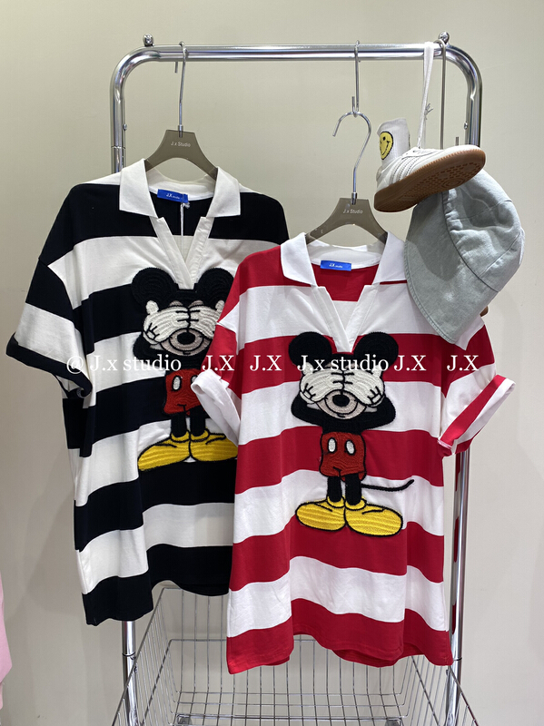 [JX] Mickey versatile Polo neck stripe loose short sleeve T-shirt 1075# WTT