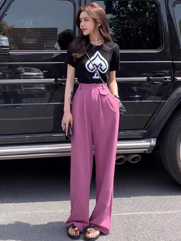 [c.h.z] comfortable and versatile high waist solid color trousers 80062# WTT