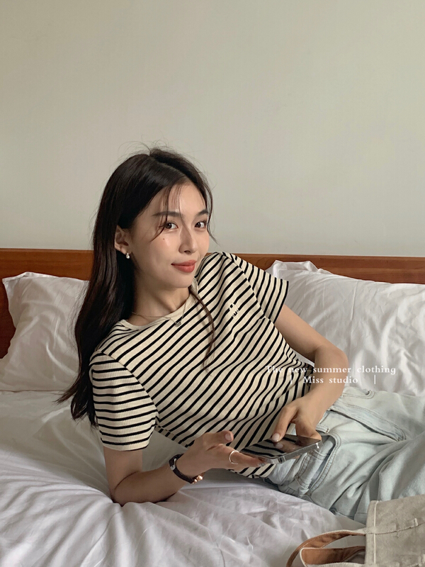 New in early summer! [miss miss miss home] embroidered letter color matching stripe small shirt (only small shirts) y8813# ZSY