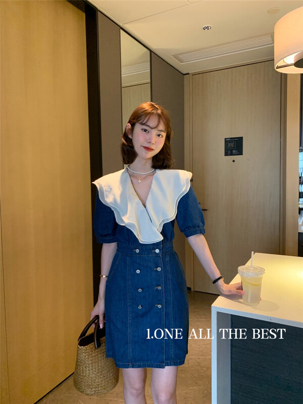 New in early summer! [1. One] Korean fashion double breasted Ruffle collar waist closing dress 2250# WPL