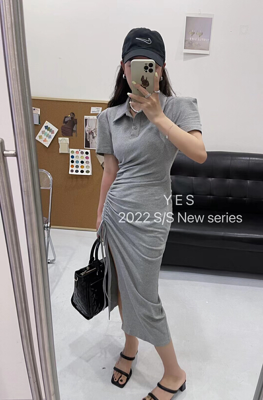 [yes] niche design Polo neck drawstring slim fitting dress 8020-1# ozq