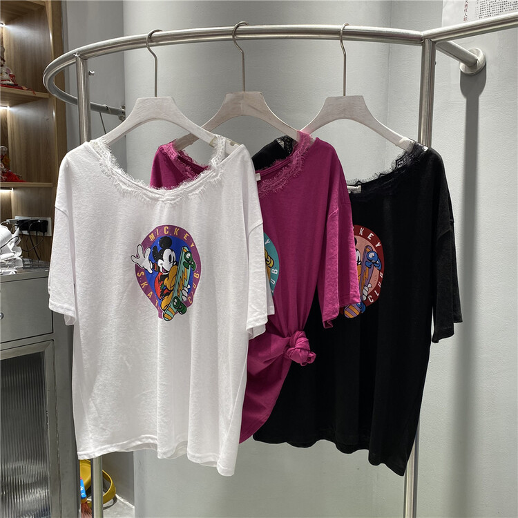 [miss happy] Korean cartoon Mickey print off shoulder sleeve loose short sleeve T-shirt 6616# WPL