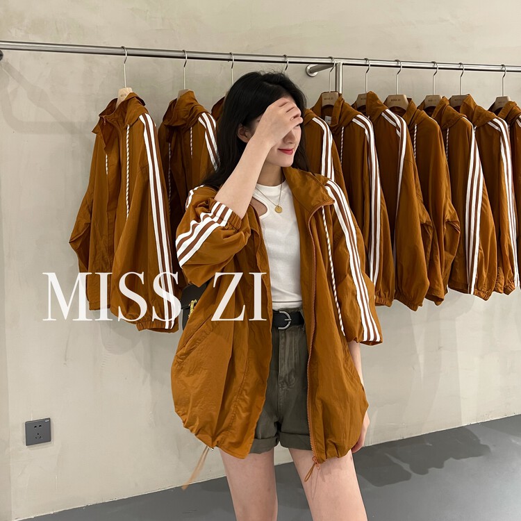 [miss Zi] Korean color blocking design casual hooded zipper sunscreen shirt 2373# cqw