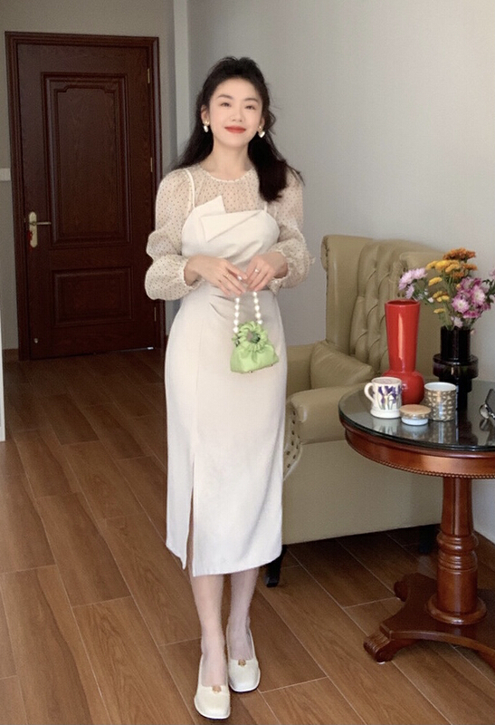 New year in early spring! [smile baby] French classic wave point medium and long side split fake two-piece dress b2630# WPL